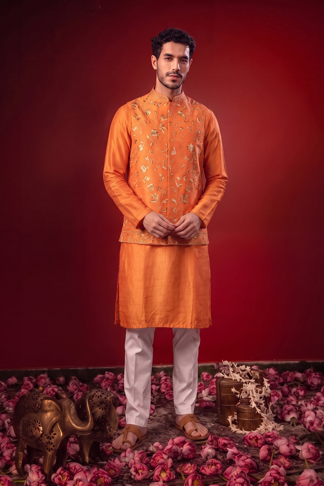 Dhew — Orange Thread Embroidered Falling Raw Silk Nehru Jacket Set