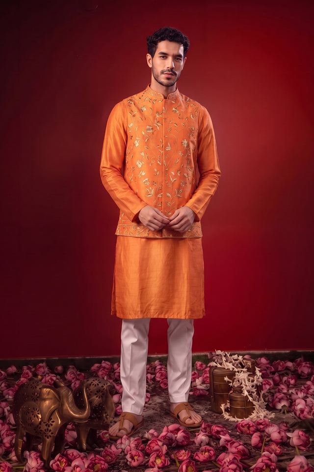 Dhew — Orange Thread Embroidered Falling Raw Silk Nehru Jacket Set