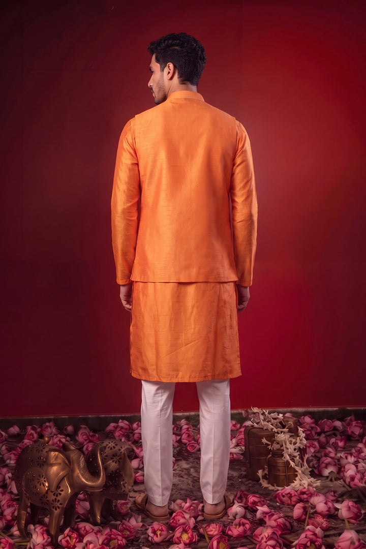 Dhew — Orange Thread Embroidered Falling Raw Silk Nehru Jacket Set