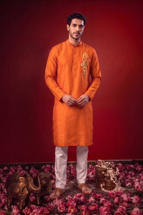 Ishan — Saffron Thread Embroidered Falling Raw Silk Kurta