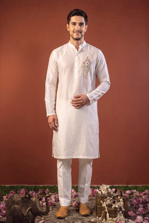 Ekanth — White Thread Embroidered Falling Raw Silk Kurta