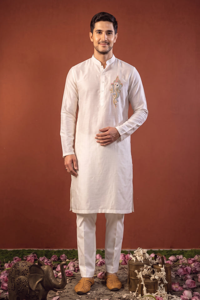 Ekanth — White Thread Embroidered Falling Raw Silk Kurta