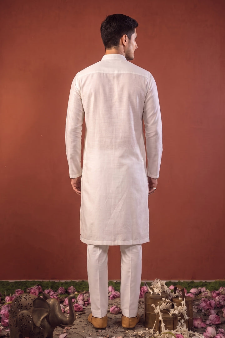 Ekanth — White Thread Embroidered Falling Raw Silk Kurta