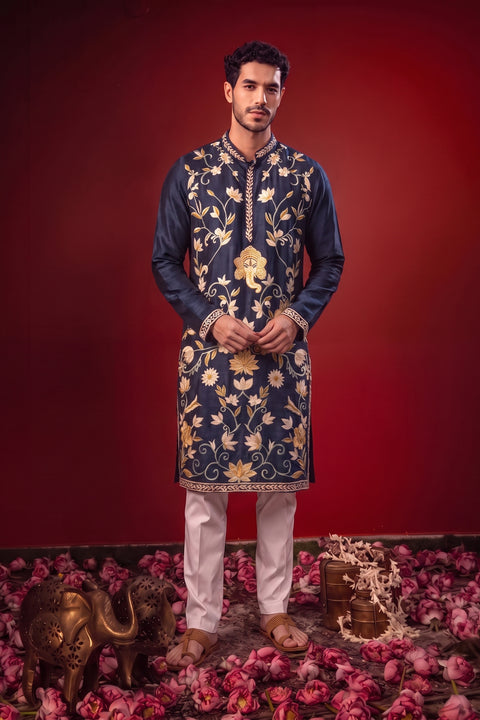 Anant— Navy Hand Embroidered Falling Raw Silk Kurta