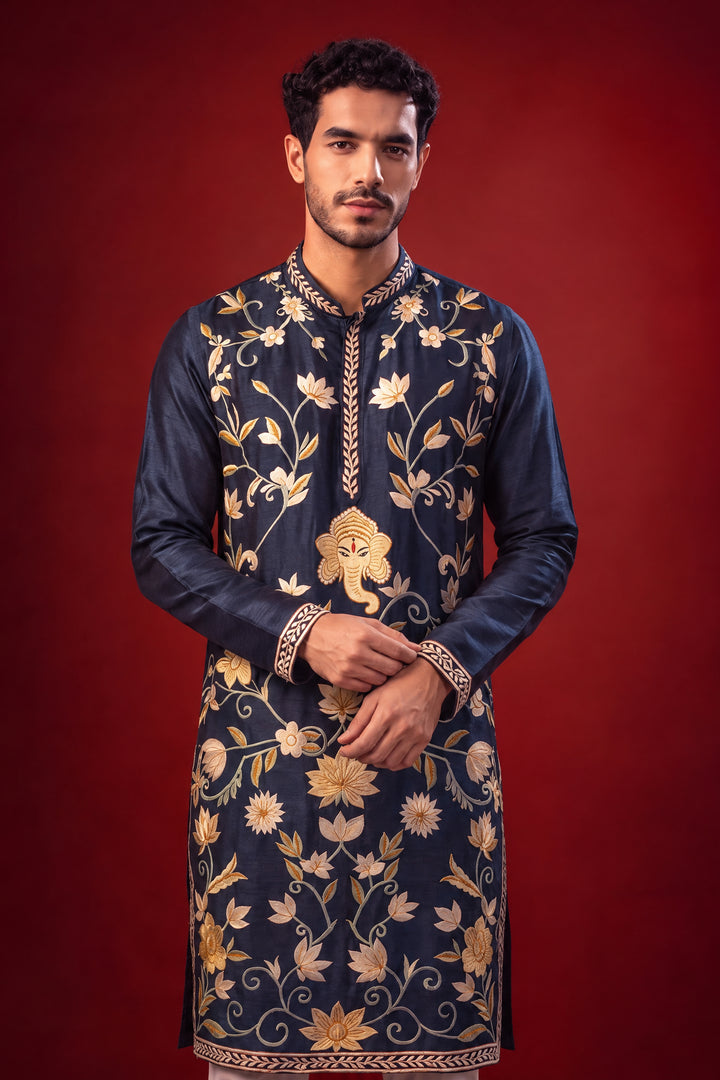 Anant— Navy Hand Embroidered Falling Raw Silk Kurta