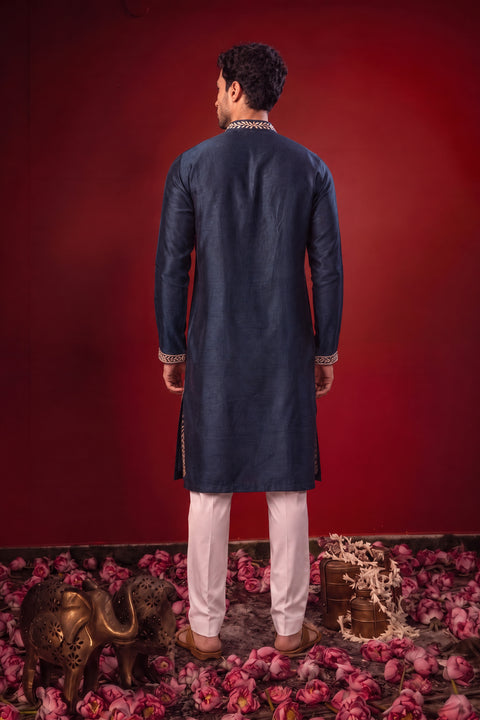Anant— Navy Hand Embroidered Falling Raw Silk Kurta