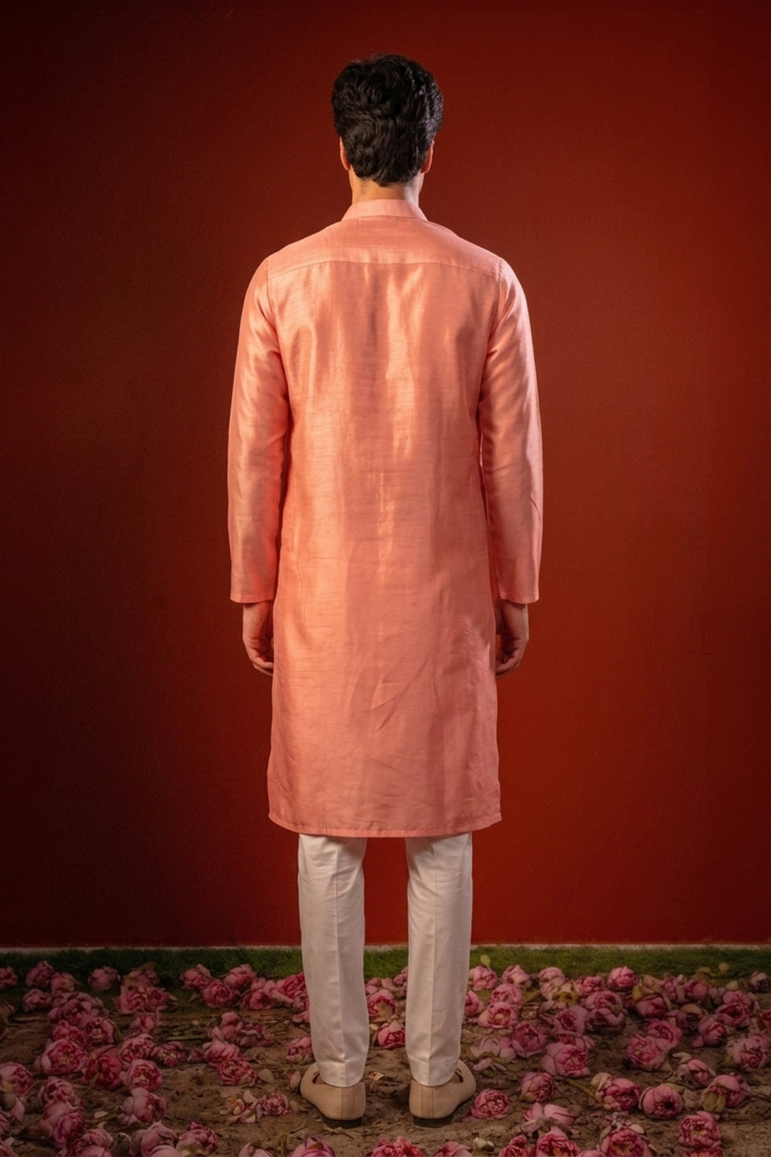 Shubhan — Peach Thread Embroidered Falling Raw Silk Kurta