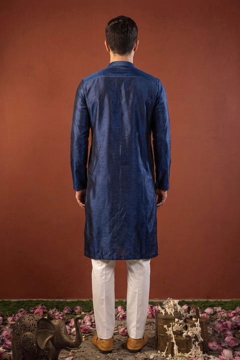 Durja — Navy Thread Embroidered Falling Raw Silk Kurta