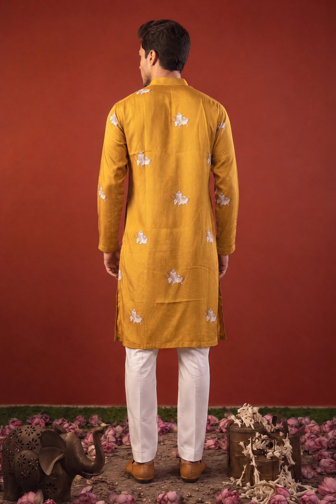 Eshaan — Mustard Printed Falling Raw Silk Kurta