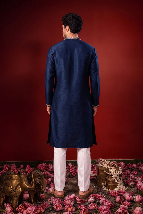 Manomaya — Navy Thread Embroidered Falling Raw Silk Kurta