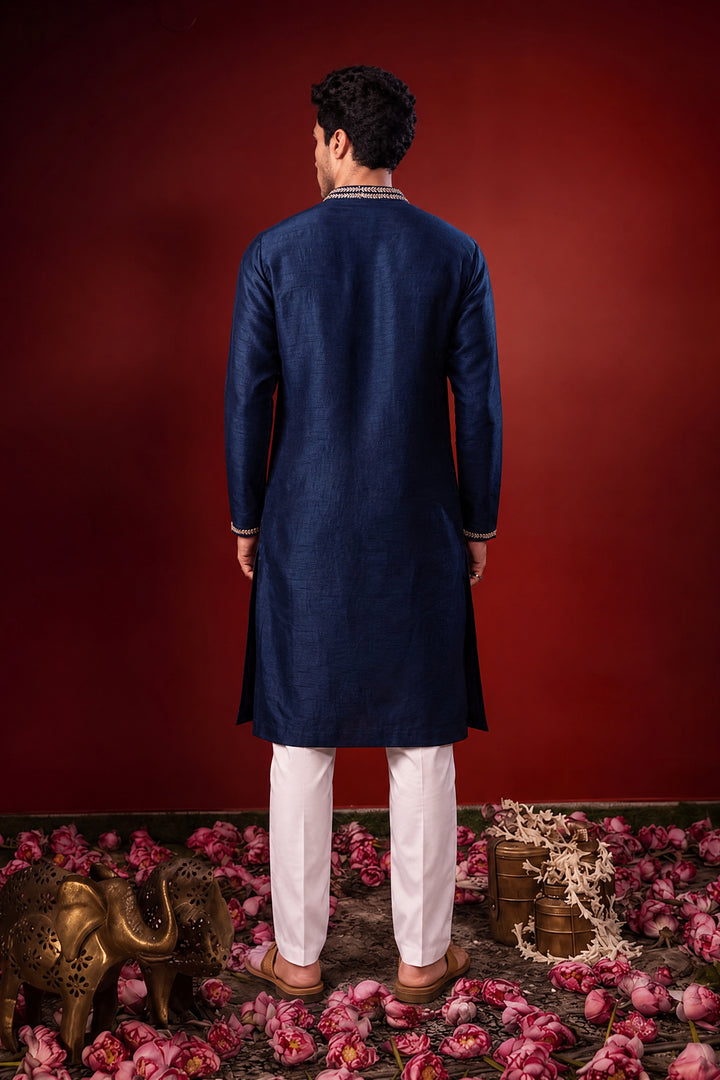Manomaya — Navy Thread Embroidered Falling Raw Silk Kurta
