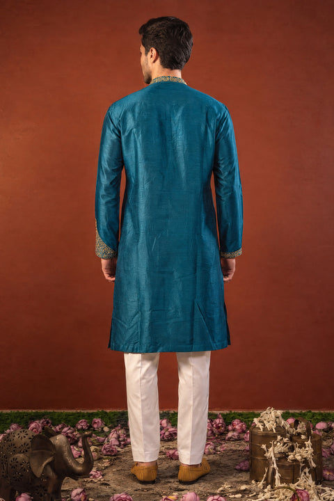 Manjari — Teal Blue Hand Embroidered Falling Raw Silk Kurta