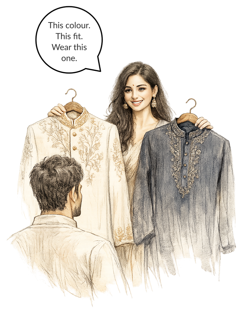 Illustration — It started at home. Before every wedding or celebration, Mouna helped Sahith choose what to wear.