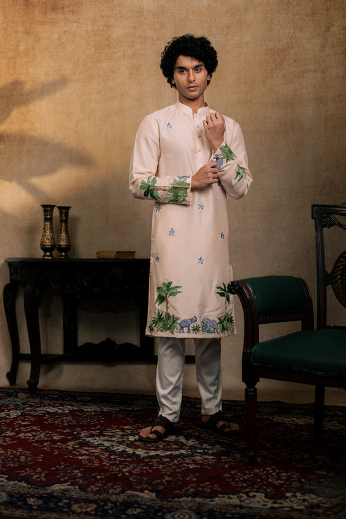 Gajavana — Beige Embroidered Falling Raw Silk Kurta