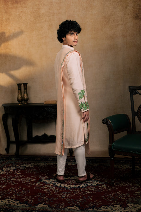 Gajavana — Beige Embroidered Falling Raw Silk Kurta