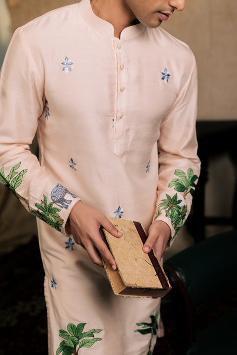 Gajavana — Beige Embroidered Falling Raw Silk Kurta