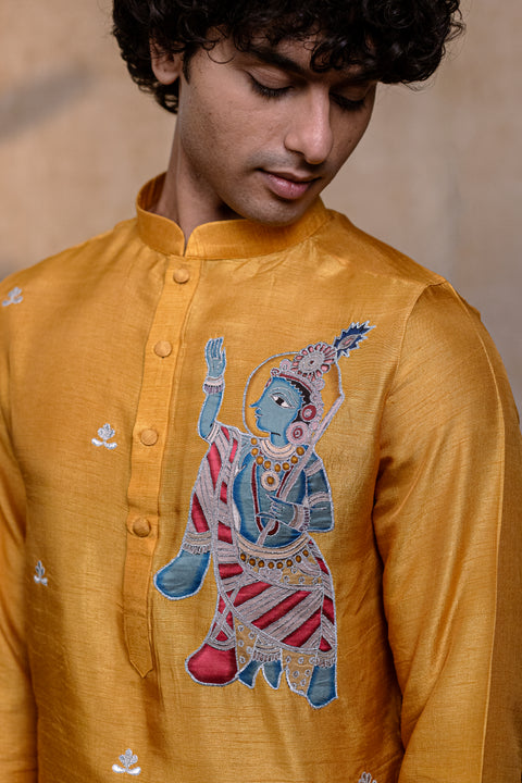 Mural Krishna — Mustard Yellow Krishna Mural Falling Raw Silk Kurta