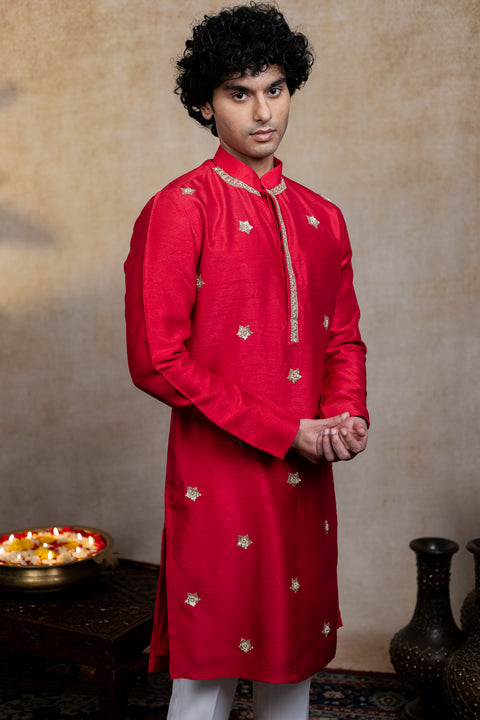 Kumkuma — Crimson Red Zari Embroidered Falling Raw Silk Kurta