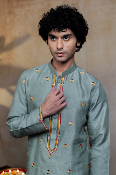 Kalika — Olive Green Embroidered Falling Raw Silk Kurta