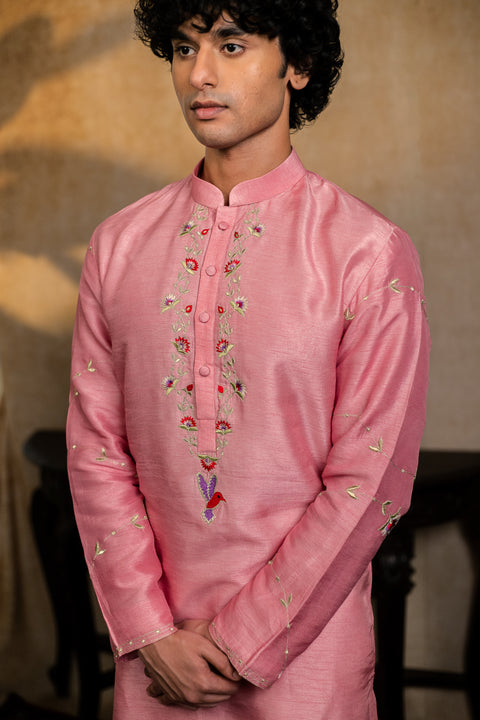 Gulab Pakshi — Pink Embroidered Falling Raw Silk Kurta