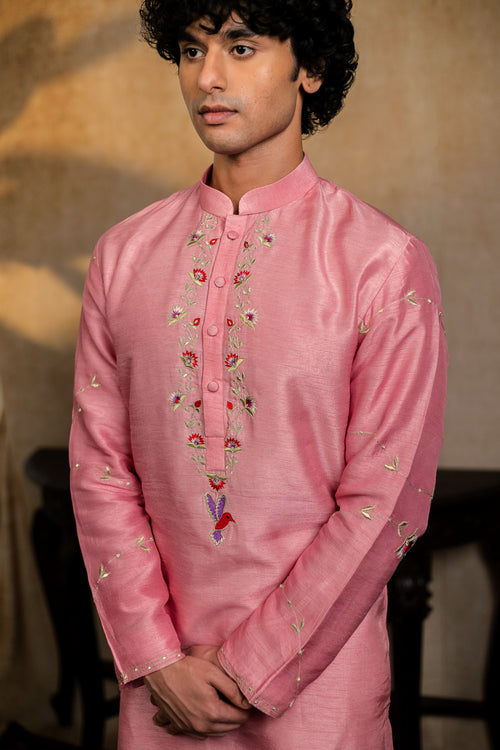 Gulab Pakshi — Pink Embroidered Falling Raw Silk Kurta
