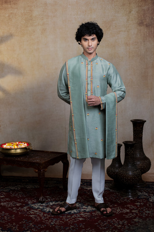 Kalika — Olive Green Embroidered Falling Raw Silk Kurta