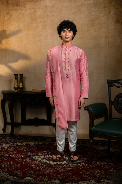 Gulab Pakshi — Pink Embroidered Falling Raw Silk Kurta