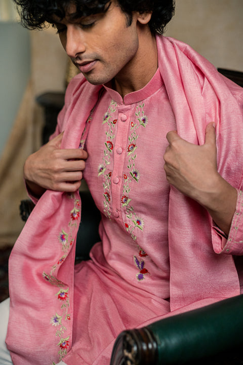 Gulab Pakshi — Pink Embroidered Falling Raw Silk Kurta
