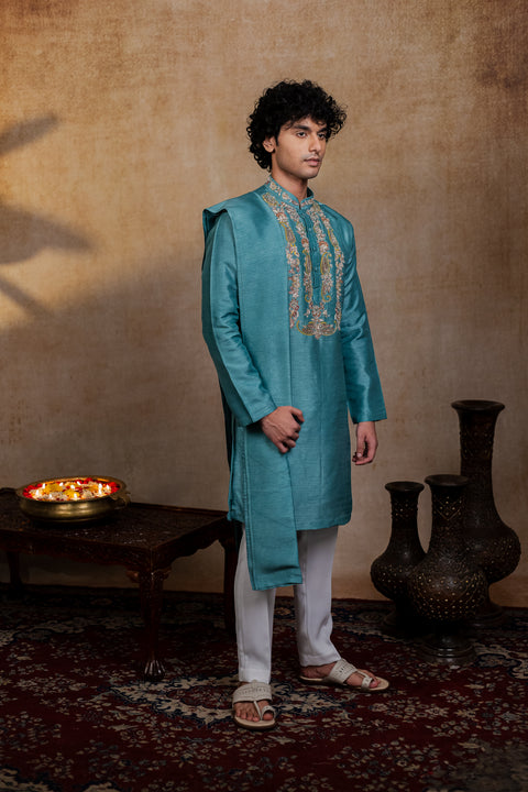 Paisley Zari — Olive Green Zari Paisley Embroidered Falling Raw Silk Kurta