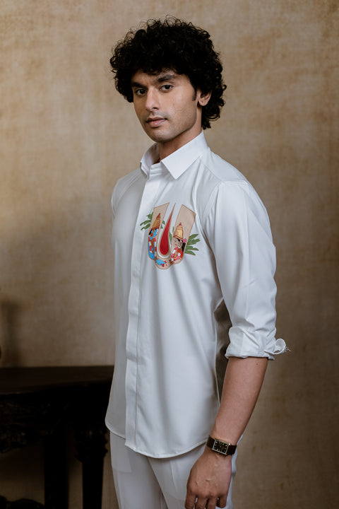 Chitra Srinivasa — White Srinivasa Hand Painted 4-Way Stretch Utsav Luxe Shirt