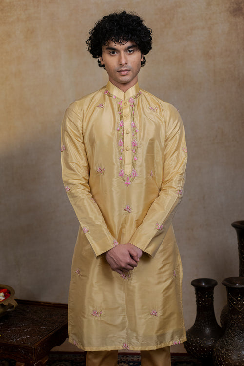Padmajaal — Yellow Hand Embroidered Semi Pattu Silk Kurta