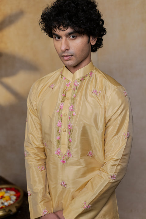 Padmajaal — Yellow Hand Embroidered Semi Pattu Silk Kurta