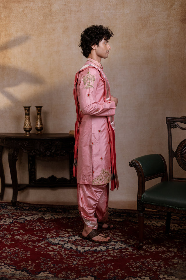 Srinivasa Kanjivaram — Pink Hand Embroidered Pattu Kurta Set