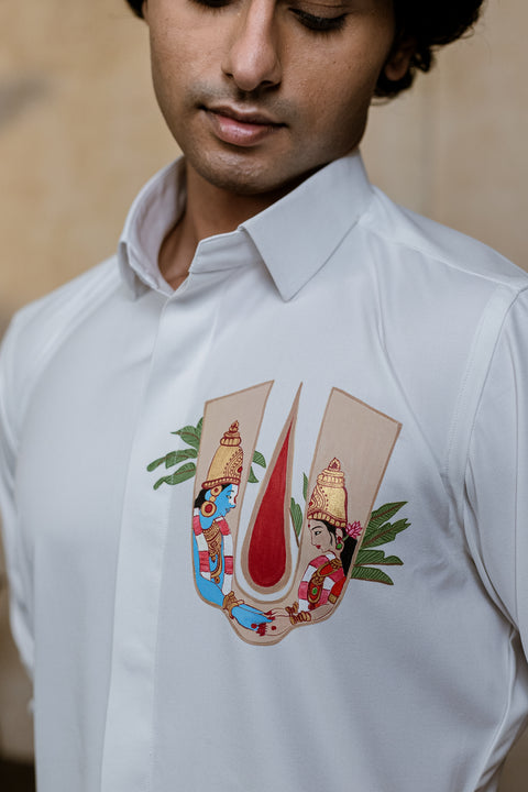 Chitra Srinivasa — White Srinivasa Hand Painted 4-Way Stretch Utsav Luxe Shirt