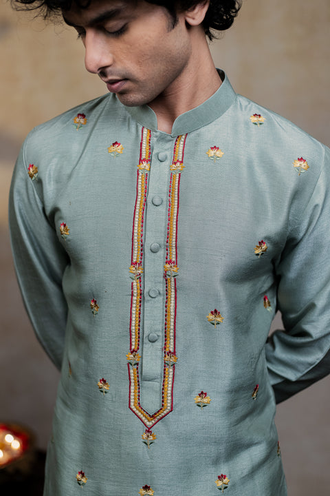 Kalika — Olive Green Embroidered Falling Raw Silk Kurta
