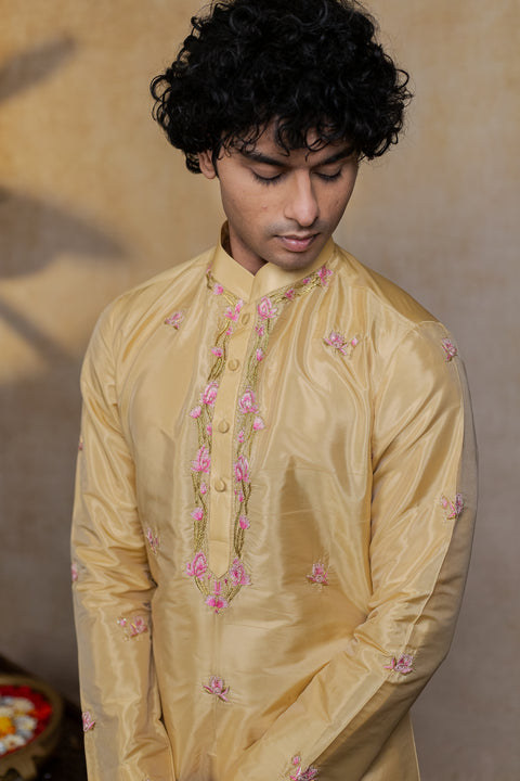 Padmajaal — Yellow Hand Embroidered Semi Pattu Silk Kurta