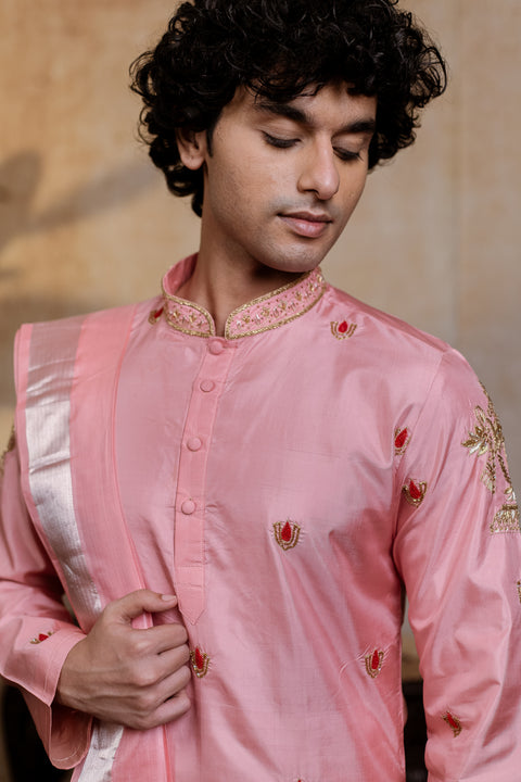 Srinivasa Kanjivaram — Pink Hand Embroidered Pattu Kurta Set