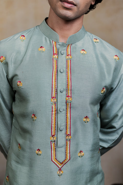 Kalika — Olive Green Embroidered Falling Raw Silk Kurta