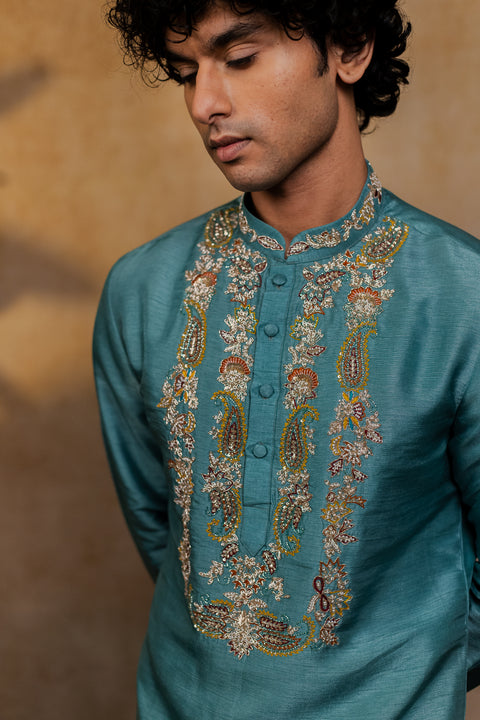 Paisley Zari — Olive Green Zari Paisley Embroidered Falling Raw Silk Kurta