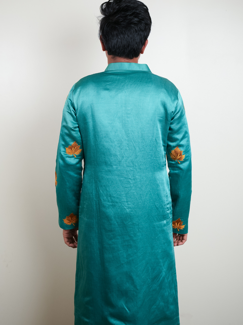 Green — Green Leaf Embroidered Linen Satin Kurta
