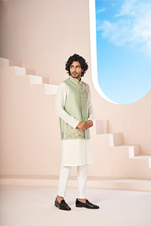 Musgo — Pista Green Hand Embroidered Dupion Silk Nehru Jacket Set