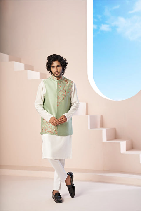 Musgo — Pista Green Hand Embroidered Dupion Silk Nehru Jacket Set