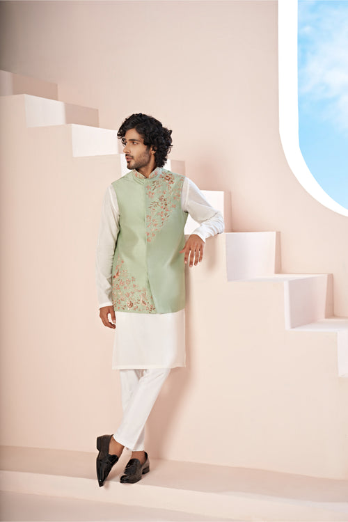 Musgo — Pista Green Hand Embroidered Dupion Silk Nehru Jacket Set