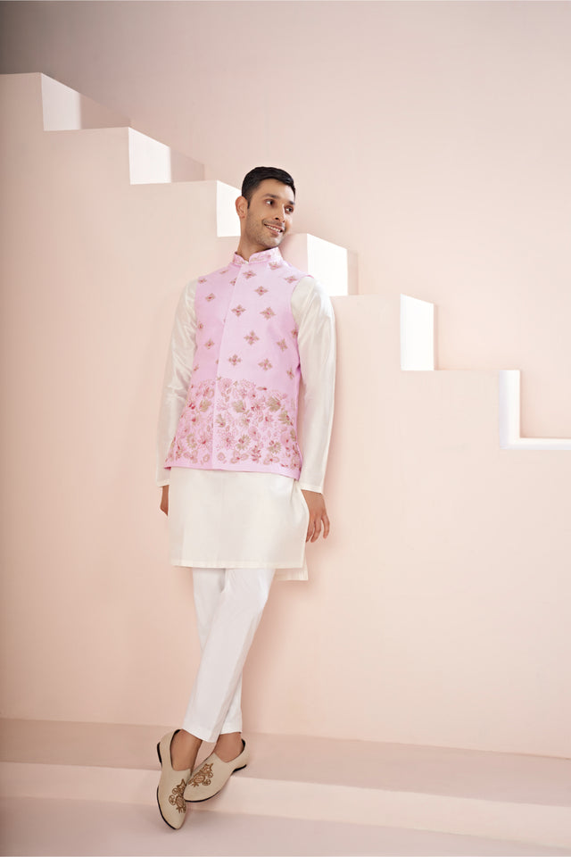 Malva — Lavender Pink Embroidered Dupion Silk Nehru Jacket Set