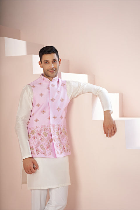 Malva — Lavender Pink Embroidered Dupion Silk Nehru Jacket Set