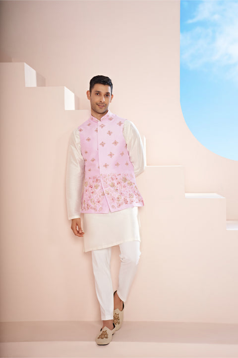 Malva — Lavender Pink Embroidered Dupion Silk Nehru Jacket Set