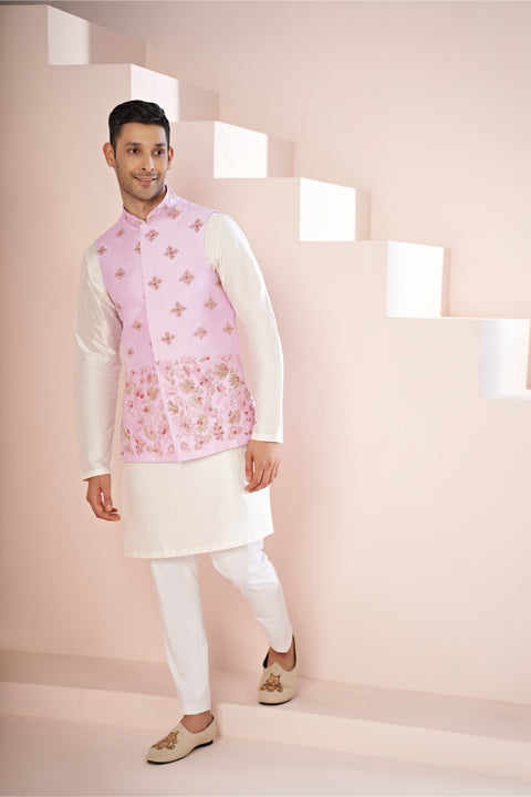 Malva — Lavender Pink Embroidered Dupion Silk Nehru Jacket Set