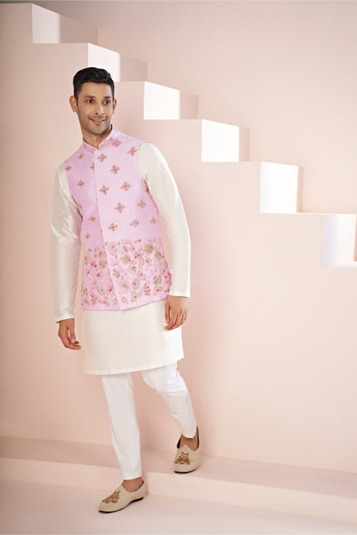 Malva — Lavender Pink Embroidered Dupion Silk Nehru Jacket Set