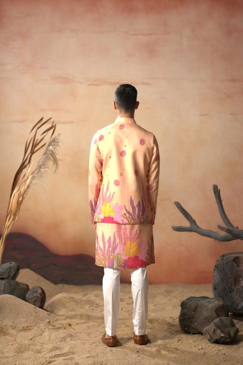 Coralflow — Peachy Coral Ocean Printed Russian Silk Nehru Jacket Set