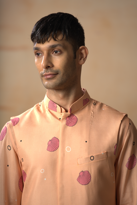 Coralflow — Peachy Coral Ocean Printed Russian Silk Nehru Jacket Set